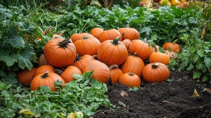 In a vibrant composting area a large pile of pumpkins is being transformed into nutrient-rich compost. Surrounding greenery adds life to the setting creating a natural recycling environment