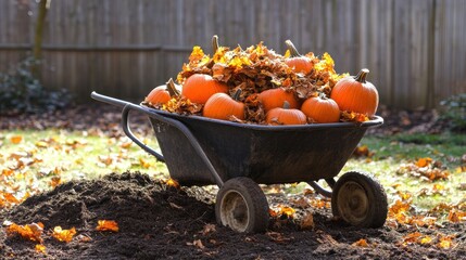 A wheelbarrow overflowing with partially decomposed pumpkin parts soil and dried leaves sits in a backyard garden ready for a composting project with space for additional items