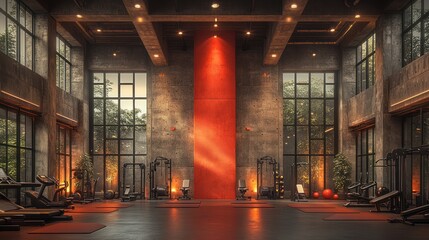 Fototapeta premium Modern industrial gym interior with large windows, red wall, and fitness equipment.