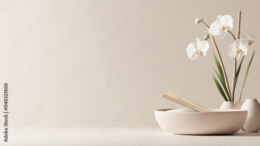 Poster floating white orchids rest elegantly in a smooth stone bowl accompanied by bamboo sticks creating a