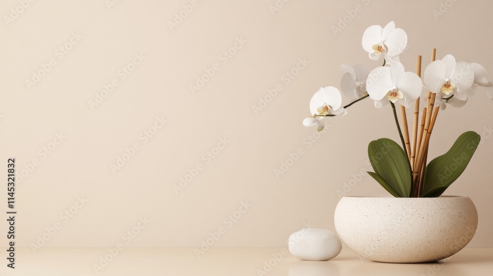 Poster a tranquil and minimalist spa setting showcases a smooth stone bowl filled with floating white orchi