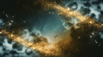 Fototapeta premium A breathtaking view of a cosmic nebula with shimmering golden stars amidst a dark blue and black backdrop, creating a sense of wonder and infinity.