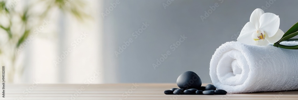Poster a close view of an inviting spa arrangement with a plush white towel roll smooth black pebbles and a