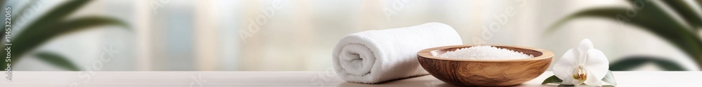Poster neatly arranged elements create a tranquil atmosphere showcasing a soft towel roll wooden bowl of ba