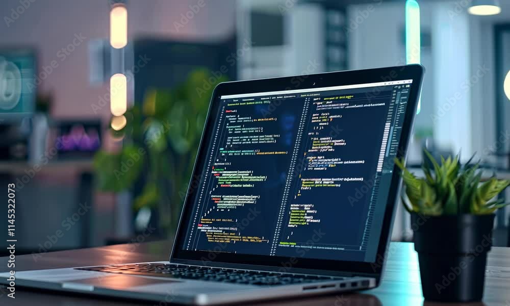 Poster laptop with code on screen in modern office setting