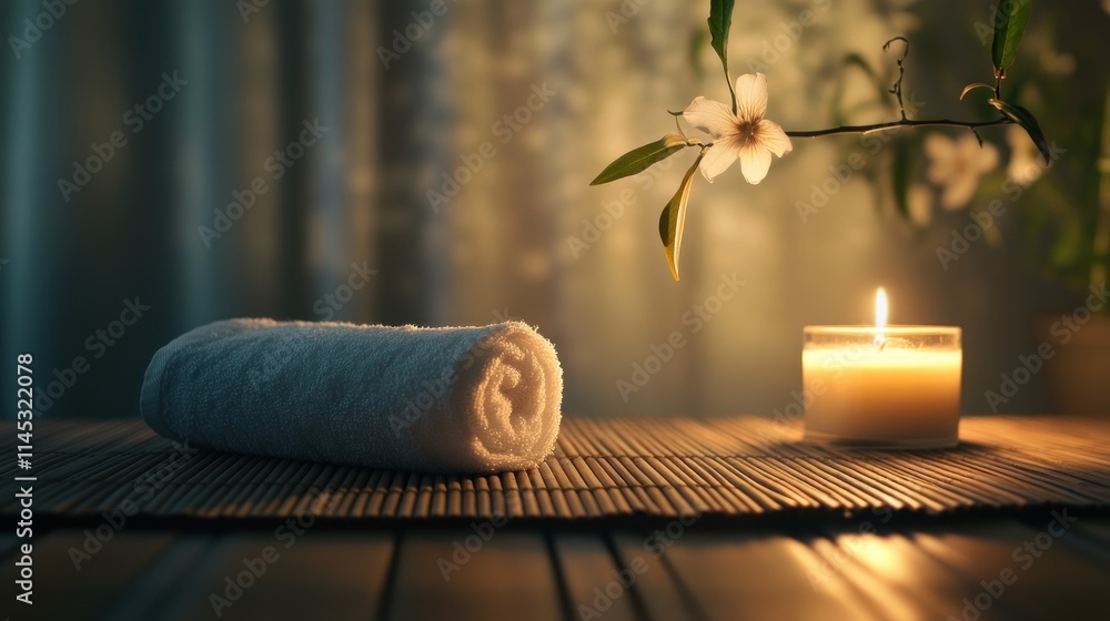Poster soft candlelight flickers beside a rolled towel and a delicate flower on a bamboo mat creating a tra