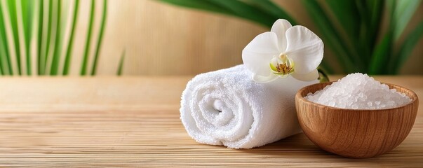 Naklejka premium Neatly arranged items create a calming atmosphere showcasing a soft towel roll next to a wooden bowl filled with bath salts and a delicate orchid blossom all set against a bright natural backdrop