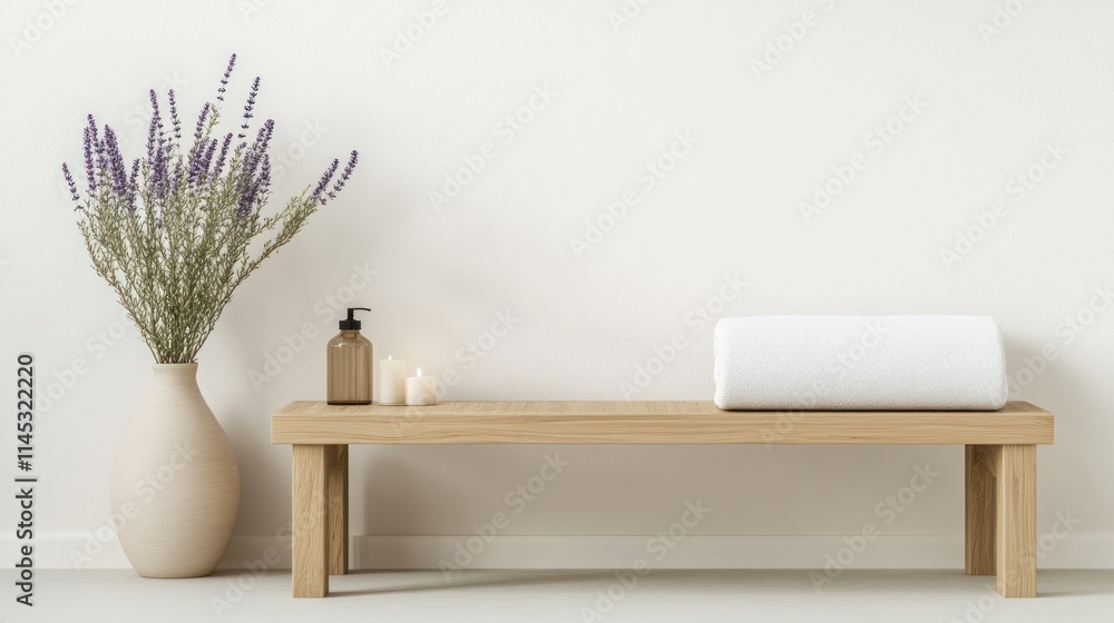 Poster a tranquil spa setting features a simple wooden bench adorned with a white rolled towel. fresh laven
