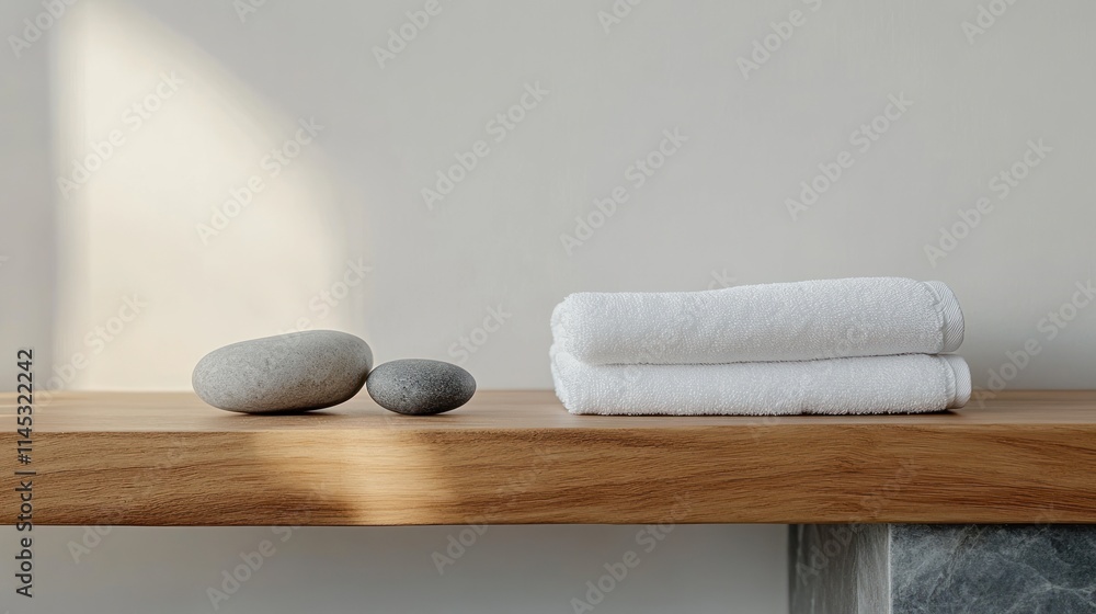 Poster a serene spa setting is showcased with smooth pebbles and a rolled white towel resting on a wooden b