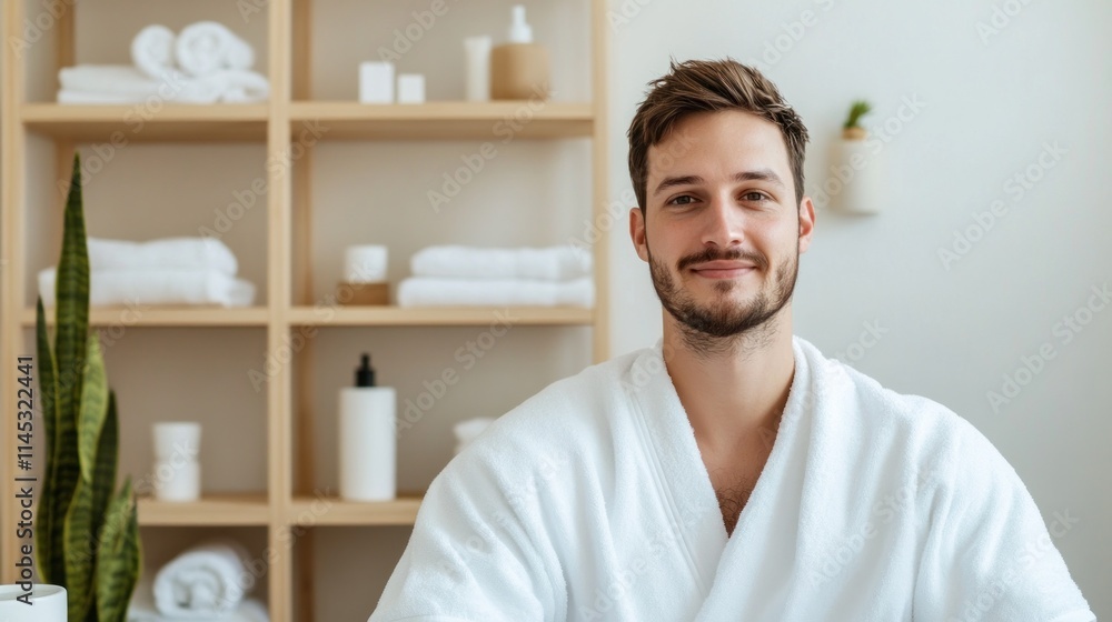 Poster a young man sits in a minimalist spa lounge content and relaxed. he is draped in a towel enjoying th