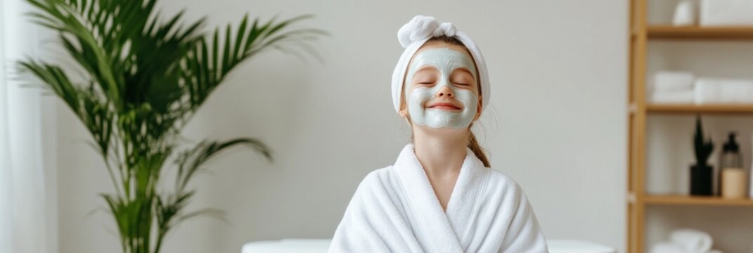 A cheerful young girl around six years old giggles with her eyes closed as she experiences a facial mask treatment. She sits in a bright and airy spa wrapped in a soft robe and radiating joy