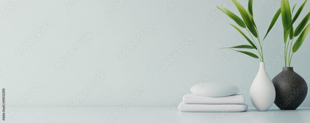 Poster a serene spa setting showcases a clean minimalist design with neatly stacked towels and elegantly ar