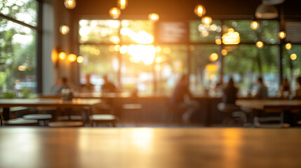 blurred image of restaurant customers, capturing the lively atmosphere, social interactions, and background ambiance with bright light, creating a warm, golden, and silver daytime dining experience