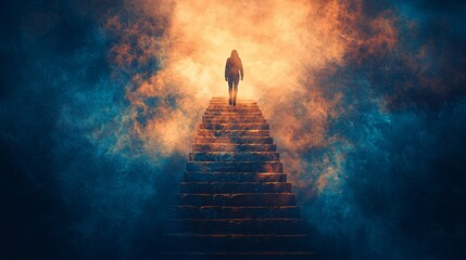 Fototapeta premium Woman ascends mystical staircase shrouded in ethereal smoke and light.