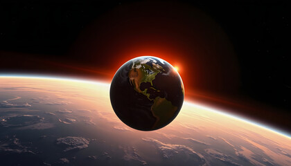 Fototapeta premium Earth passing around the sun in distance, deep space concept wallpaper, flat design, with white tones