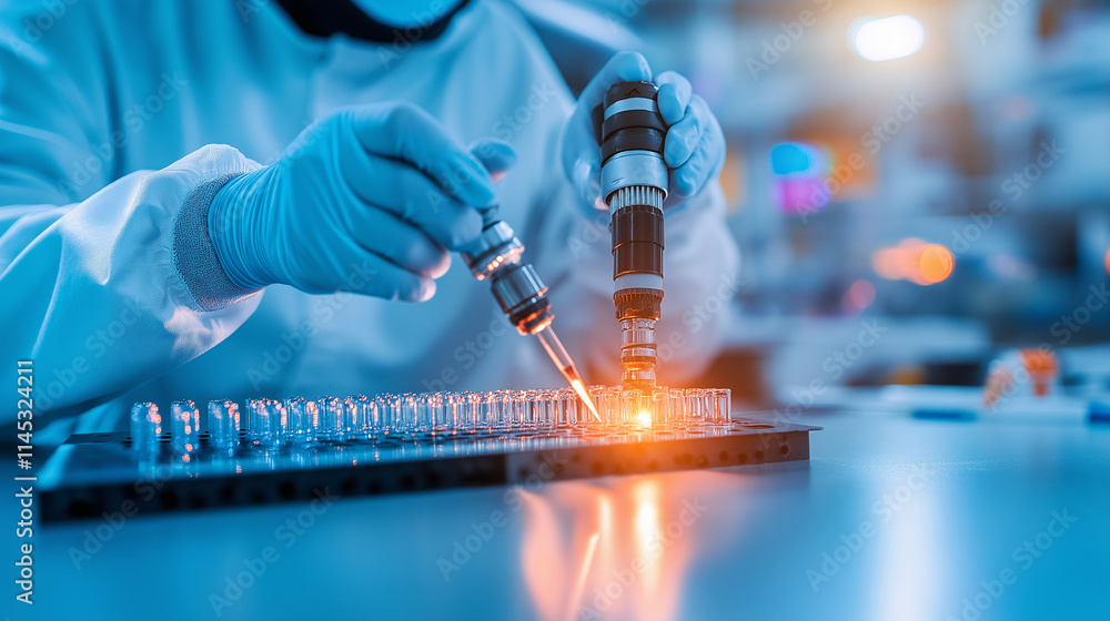 Aufkleber a worker in a protective suit and gloves programming a robotic arm for precise filling of medicine v
