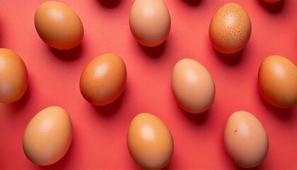 Pattern of 3d chicken eggs over coral color background
