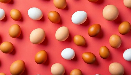 Pattern of 3d chicken eggs over coral color background