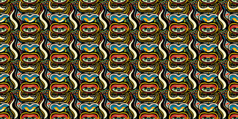 Fototapeta premium Abstract African art shapes seamless backgrounds, tribal geometric decoration patterns. Colored flat boho symbols illustrations 