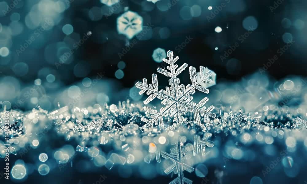Poster close-up of delicate snowflake on ice with blurred lights in background