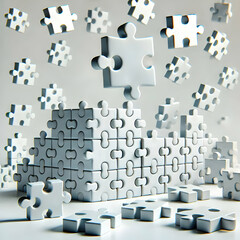 3D Rising White Puzzle Pieces Assembling Symbolizing Mental Health Awareness
