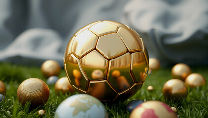 Gold soccer ball on various material and background, 3d rendering, mindfulness theme, with white tones