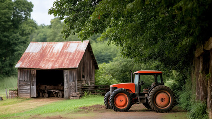 Naklejka premium Rustic tractor parked beside an old wooden barn surrounded by lush greenery on a cloudy day