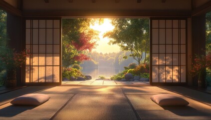 Tranquil Japanese Tea Room with Sunlit Garden View