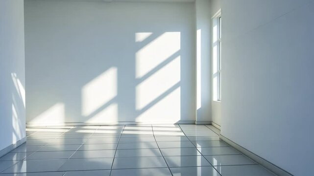 Bright, empty room with sunlight and shadows on tiled floor, showcasing modern minimalism in serene interior design. Ideal for bright and spacious living spaces.