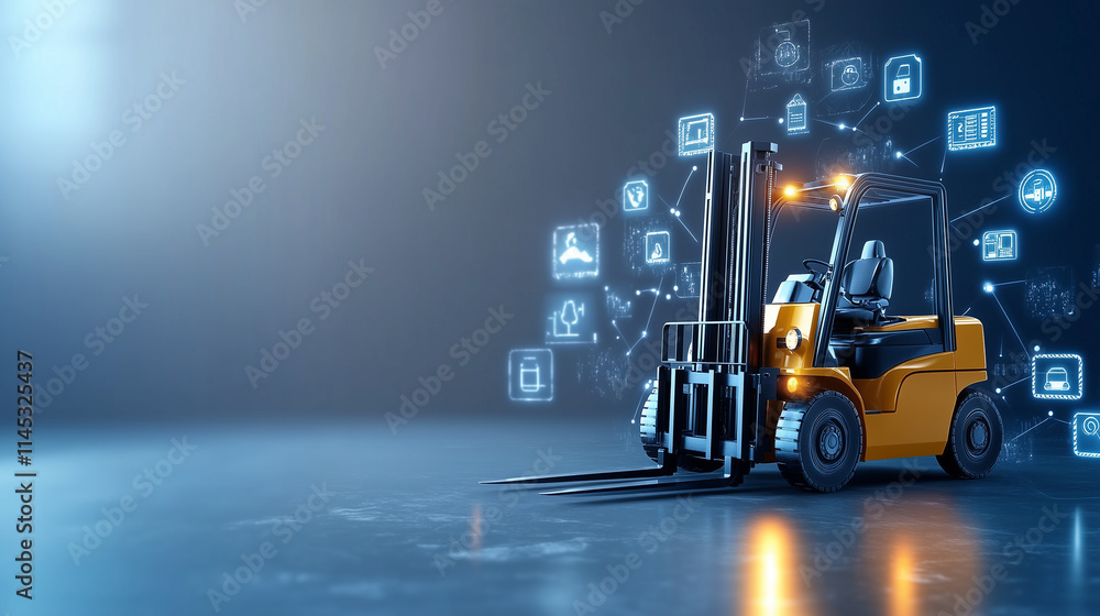 Poster a futuristic forklift model on a plain gray background, surrounded by icons representing logistics a