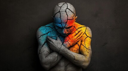 Cracked body, man embracing self, emotional pain, colorful texture.