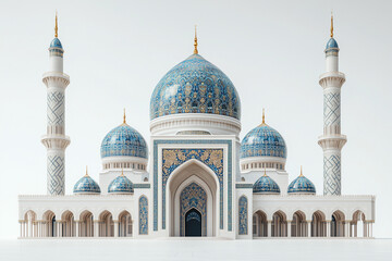 A 3D mosque design with elements from Iranian architecture, featuring tall minarets and mosaic domes, displayed on a blank white background. The minimalism enhances its beauty.