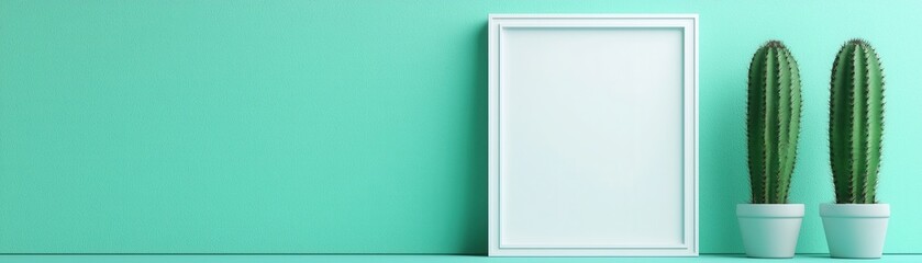 Obraz premium Minimalist Teal Wall Empty Frame Two Cacti Mockup
