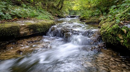 Fototapeta premium Serene stream flowing through lush green forest with mossy rocks and clear water.