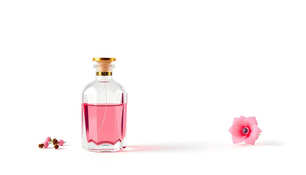 Vintage pink perfume, elixir or essential oil bottle isolated on white background, low-poly