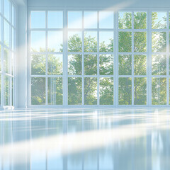 Bright room with large windows and a white ceramic tile floor, sunlight shining through the window onto the floor