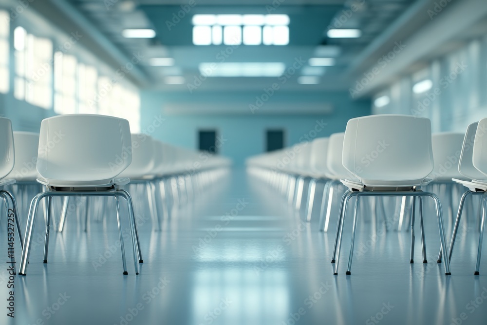 Poster view of empty rows of white chairs arranged in a modern indoor space with bright lighting and large 