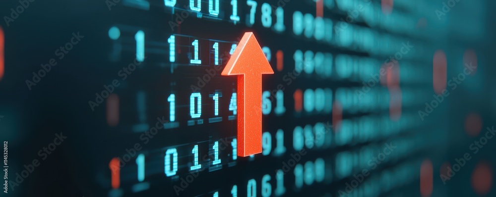 Poster upward trend red arrow on binary code background