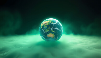 Fototapeta premium Clean environment planet Earth concept with the planet surrounded by a green haze boundary panoramic, Colored gel lighting, with white tones