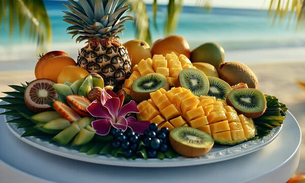 A vibrant platter of tropical fruits, including pineapples, mangoes, and kiwis, styled on a white table with a beach view