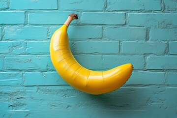 Bright yellow banana-shaped party balloon on a turquoise wall brings fun to any celebration