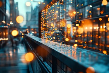 Vibrant urban alley adorned with warm lights during a rainy evening in a bustling city