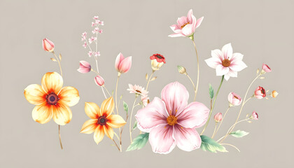 Fototapeta premium Flowers watercolor illustration.Manual composition.Big Set watercolor elements, hand-drawn digital illustration, with white tones