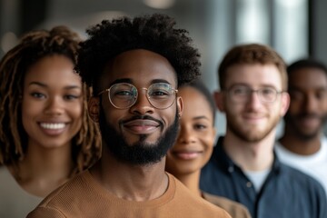 Group of diverse young adults smiling together in a modern indoor setting during daytime