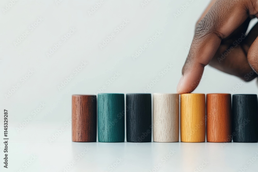 Poster hand arranging colorful wooden cylinders on a light surface in a minimalistic setting