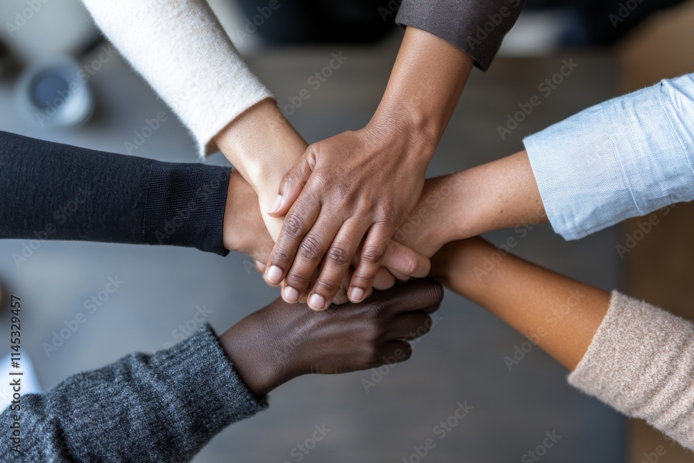 Poster collaboration and teamwork among diverse hands, symbolizing unity and support in a professional envi
