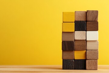 Obraz premium Stacked wooden blocks in various colors arranged against a bright yellow background
