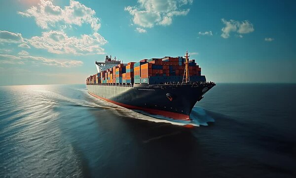 The giant ship is sailing on the sea, loaded with containers,with a bright environment, blue sky