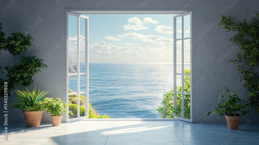 Poster a view of the sea from an open window with a white frame. there is a gray wall on one side and green