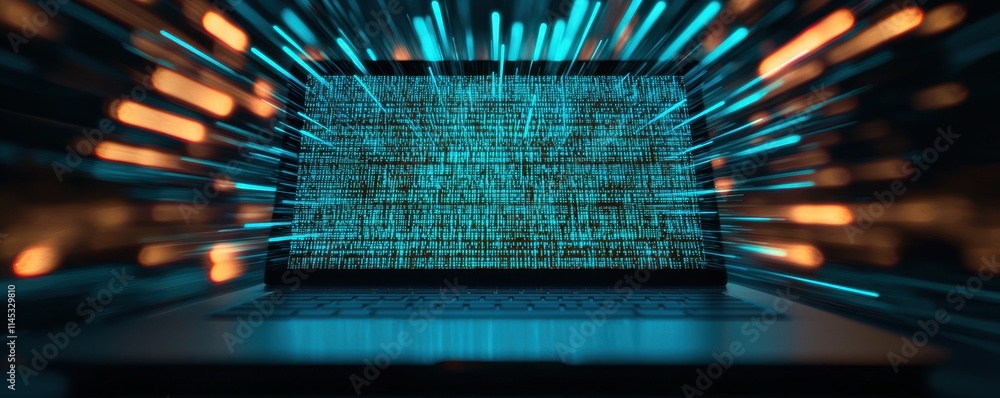 Poster high speed data stream laptop digital code blue rays technology futuristic network innovation cyber